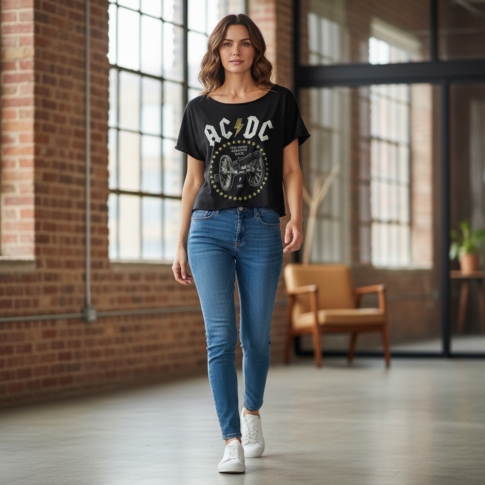 AC/DC Black Crop Top with Yellow and White Graphic